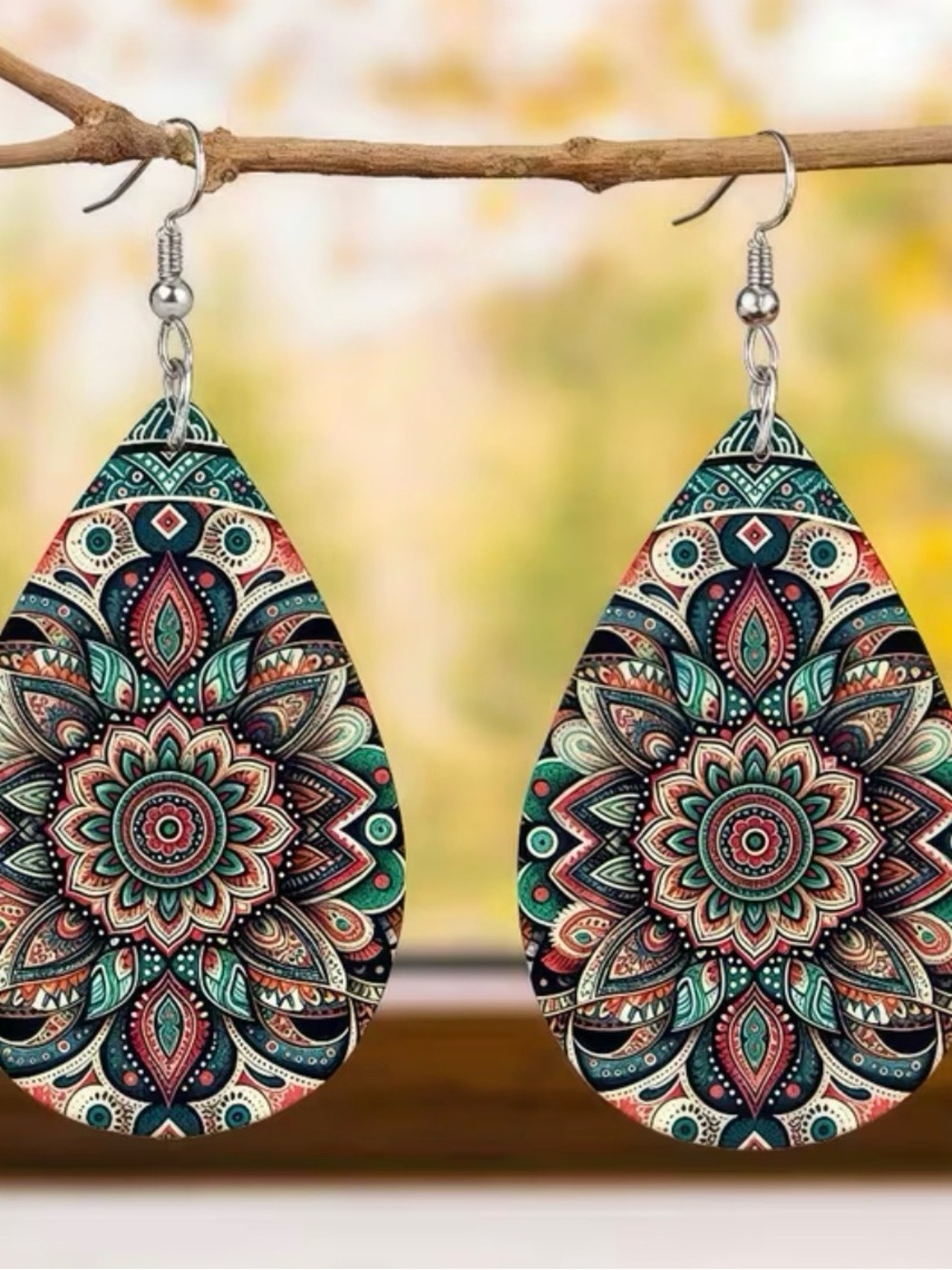 Boho Teardrop Mandala Earrings - Pink & Teal - Picture 3 of 5